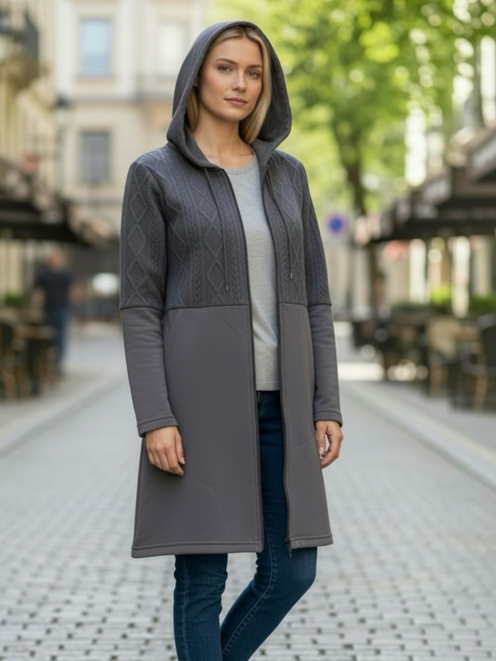 FME Charcoal Gray Cable Textured Panel Longline Full Zip Hooded Jacket Size L